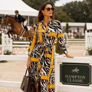 Equestrian Chain Print Shirt Dress  L Yellow Zebra Gold Baroque Belted Statement